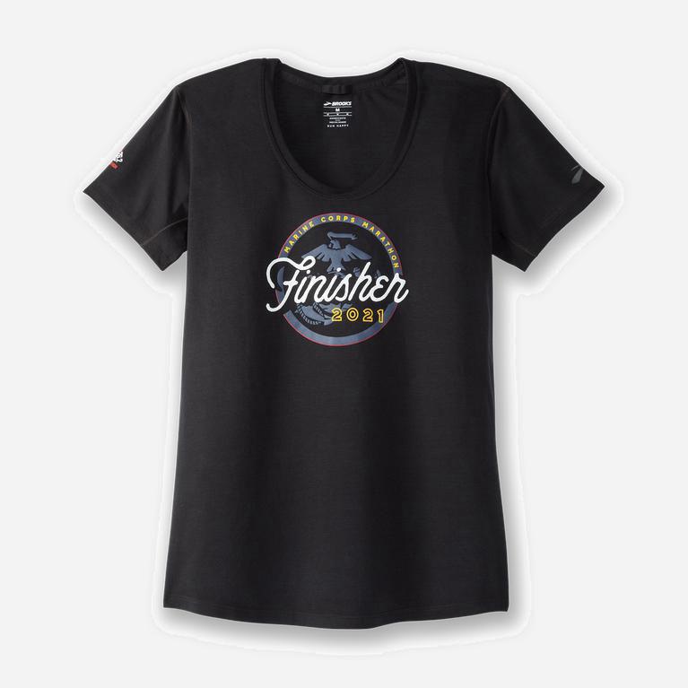 Brooks Mcm21 Distance Graphic Damen T-Shirts - Schwarz/Weiß/Gold (WMAUO6402)